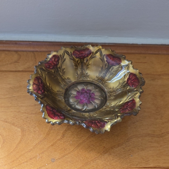 Antique Gold & Red Carnation Goofus Glass Bowl